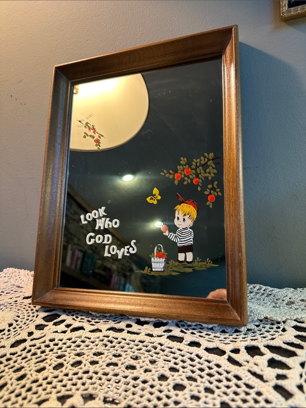 Vintage Boy wood frame Mirror 🪞 wall “Look Who God Loves”